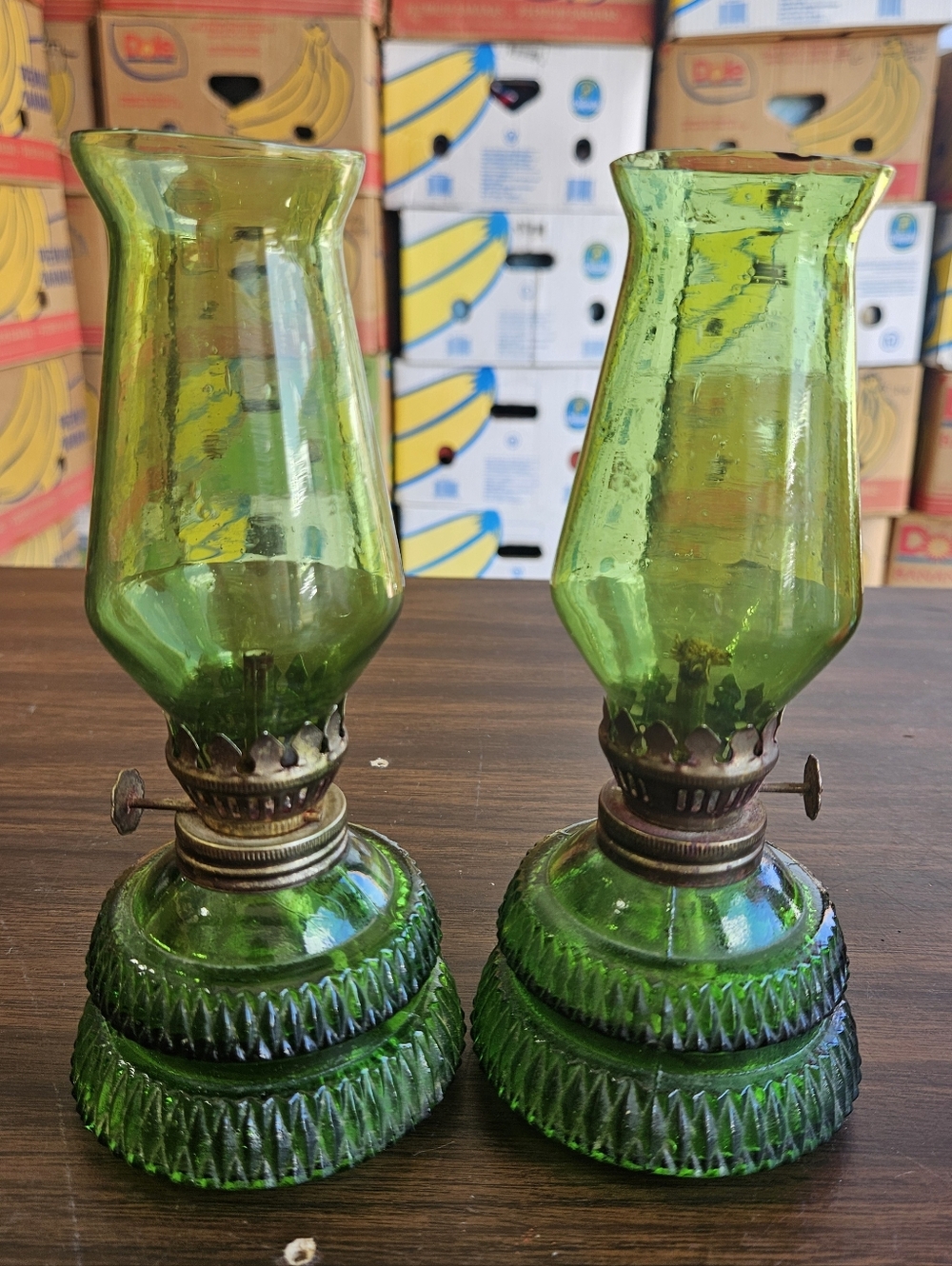 GREEN OIL LAMP SET Of 2 W/ Chimneys 7 1/8" Tall Base 3 1/2" Round